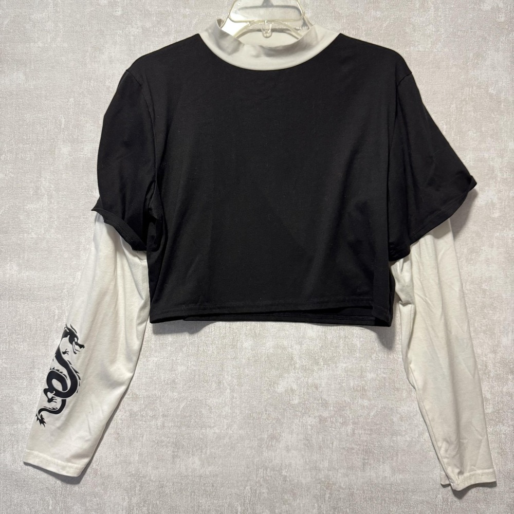 Romwe Shirt Womens XL Black White Layered Long Sleeve‎ Dragon Graphic Crop